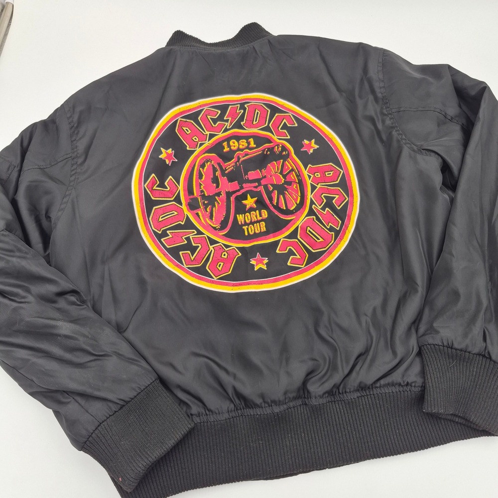 AC/DC 1981 World Tour Bomber Jacket Black Full Zip Graphic Band Coat Small